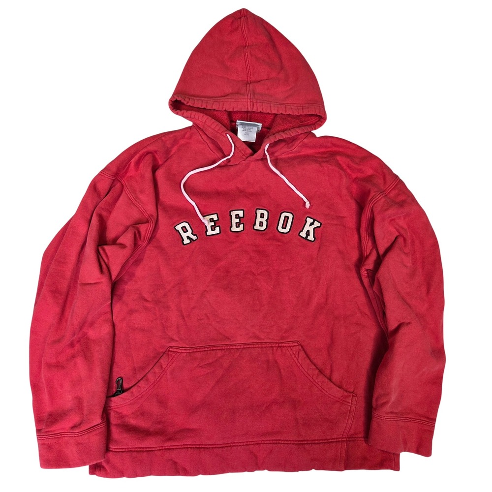 Reebok Mens Red Pullover Hoodie Arched Logo Fleece Sweatshirt L Y2k Grunge Punk